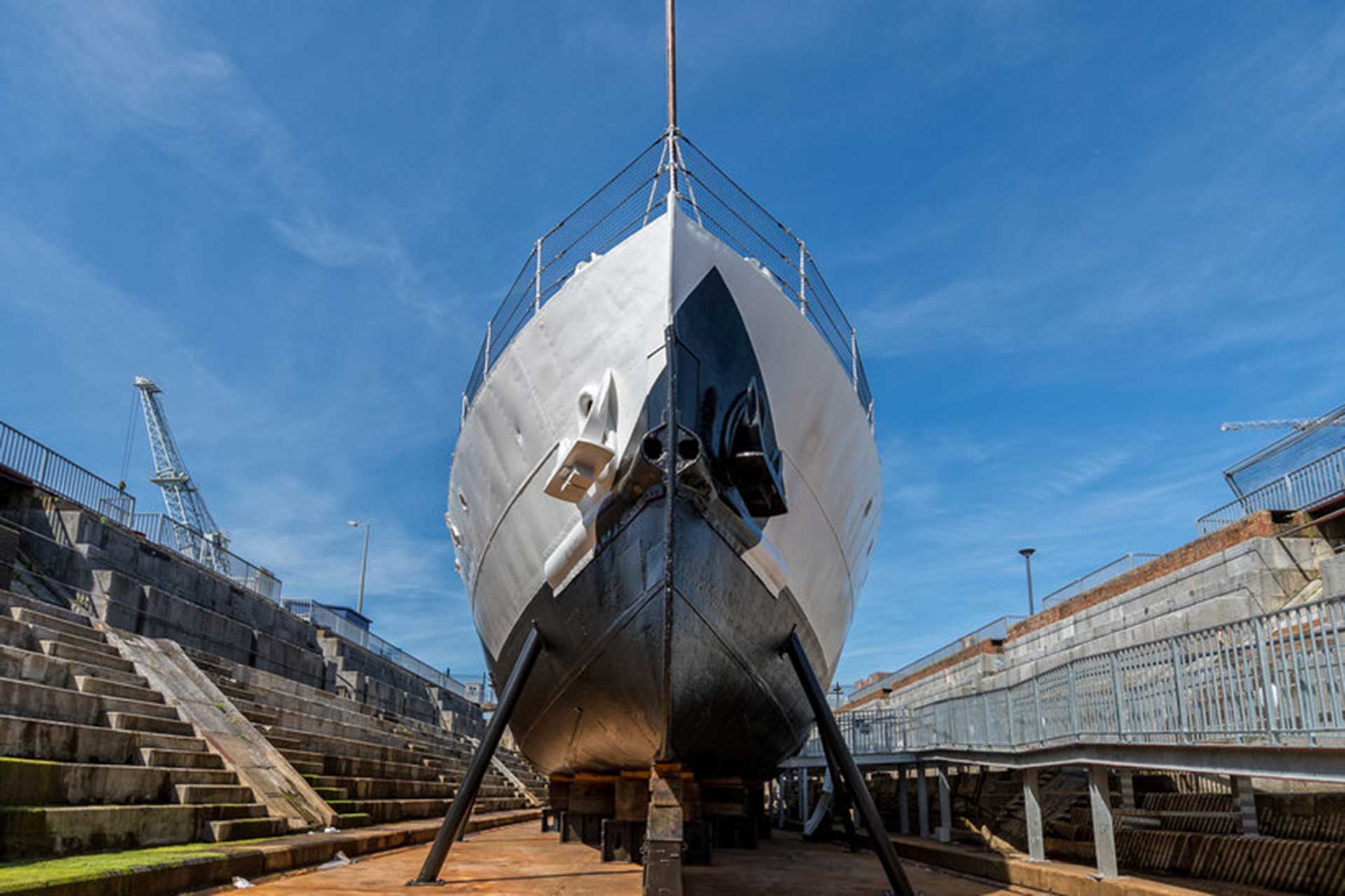 Bow view of HMS M.33 in dry dock at Portsmouth Historic Dockyard