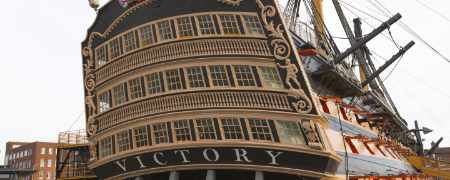 The stern of HMS Victory in dry dock at Portsmouth Historic Dockyard